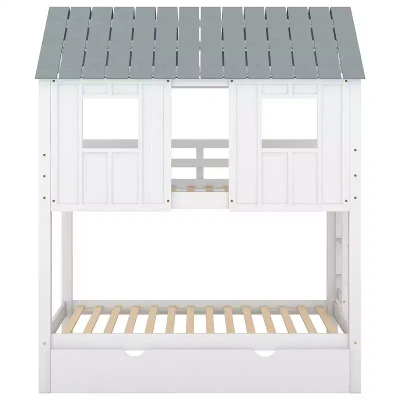 Letto a castello a casetta con letto estraibile, letto a castello in legno da una piazza e mezza su una piazza e mezza con letto estraibile, tetto e finestre, letto-casetta per bambini, Bianco+grigio