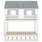 Letto a castello a casetta con letto estraibile, letto a castello in legno da una piazza e mezza su una piazza e mezza con letto estraibile, tetto e finestre, letto-casetta per bambini, Bianco+grigio