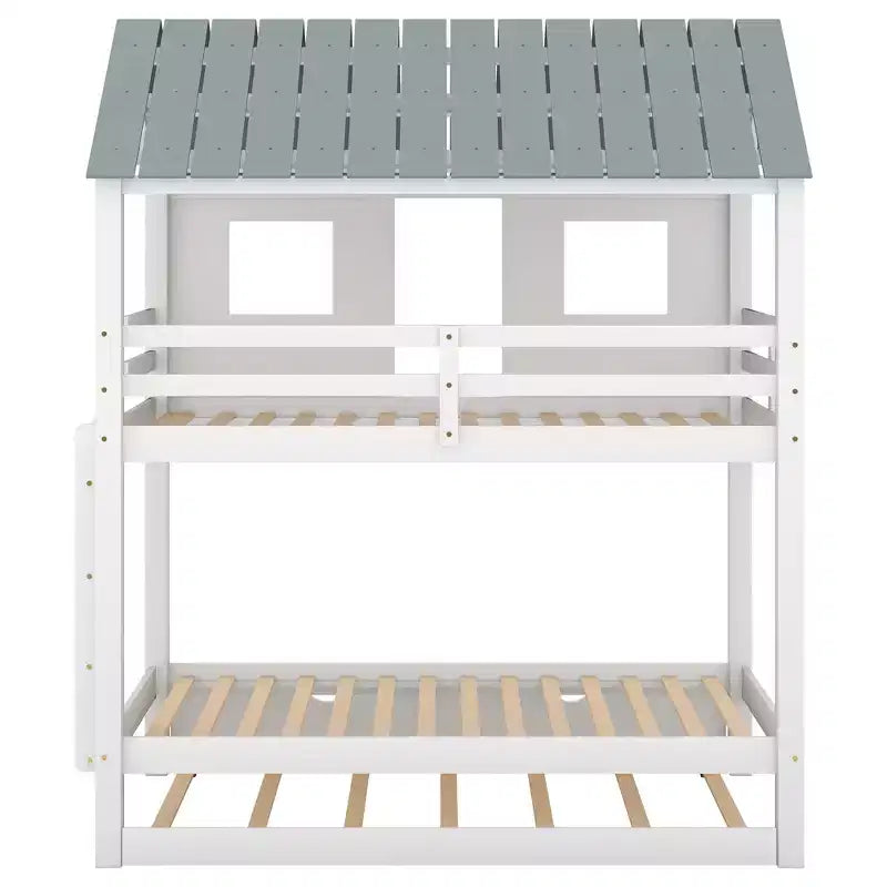 Letto a castello a casetta con letto estraibile, letto a castello in legno da una piazza e mezza su una piazza e mezza con letto estraibile, tetto e finestre, letto-casetta per bambini, Bianco+grigio
