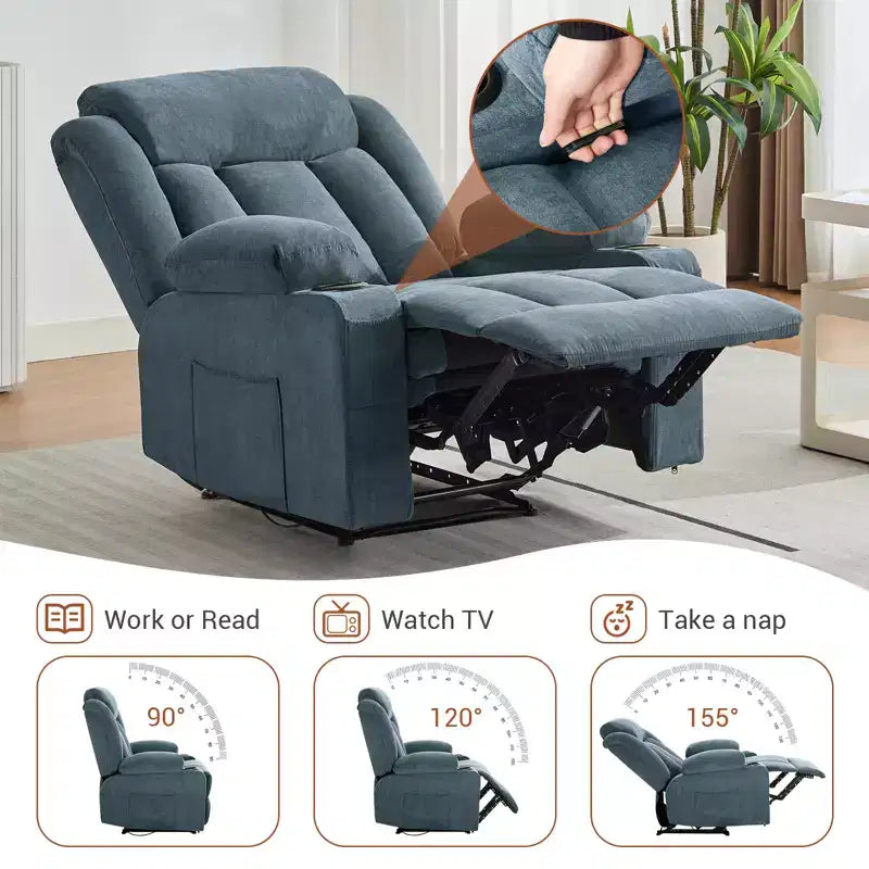 Poltrona reclinabile girevole con massaggio e riscaldamento, divano lounge ergonomico di grandi dimensioni con poggiapiedi estensibile, portabicchieri per soggiorno, camera da letto
