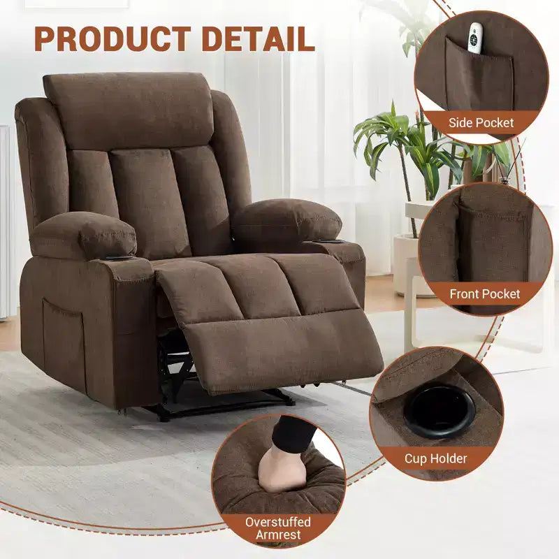Poltrona reclinabile girevole con massaggio e riscaldamento, divano lounge ergonomico di grandi dimensioni con poggiapiedi estensibile, portabicchieri per soggiorno, camera da letto