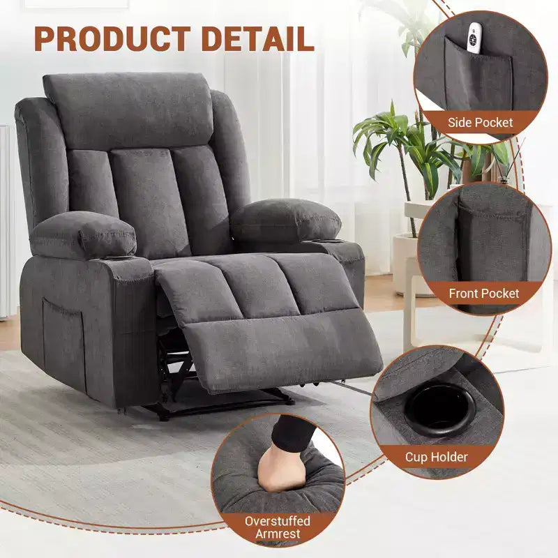 Poltrona reclinabile girevole con massaggio e riscaldamento, divano lounge ergonomico di grandi dimensioni con poggiapiedi estensibile, portabicchieri per soggiorno, camera da letto