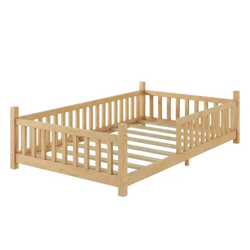 Letto a capanna gemello Whisen con luce, letto a capanna basso con recinzione e tetto, design di sicurezza