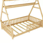 Letto a capanna gemello Whisen con luce, letto a capanna basso con recinzione e tetto, design di sicurezza