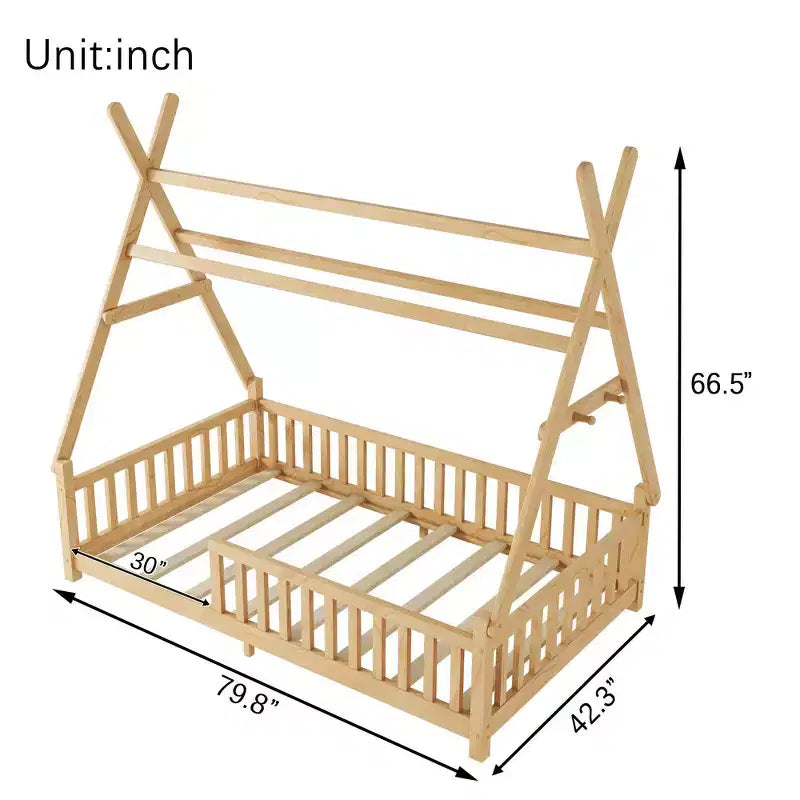 Letto a capanna gemello Whisen con luce, letto a capanna basso con recinzione e tetto, design di sicurezza