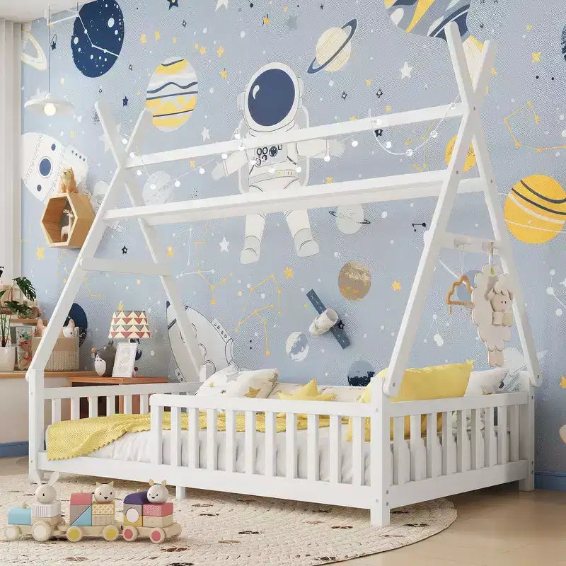 Letto a capanna gemello Whisen con luce, letto a capanna basso con recinzione e tetto, design di sicurezza