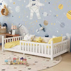 Letto a capanna gemello Whisen con luce, letto a capanna basso con recinzione e tetto, design di sicurezza