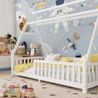 Letto a capanna gemello Whisen con luce, letto a capanna basso con recinzione e tetto, design di sicurezza