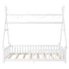Letto a capanna gemello Whisen con luce, letto a capanna basso con recinzione e tetto, design di sicurezza