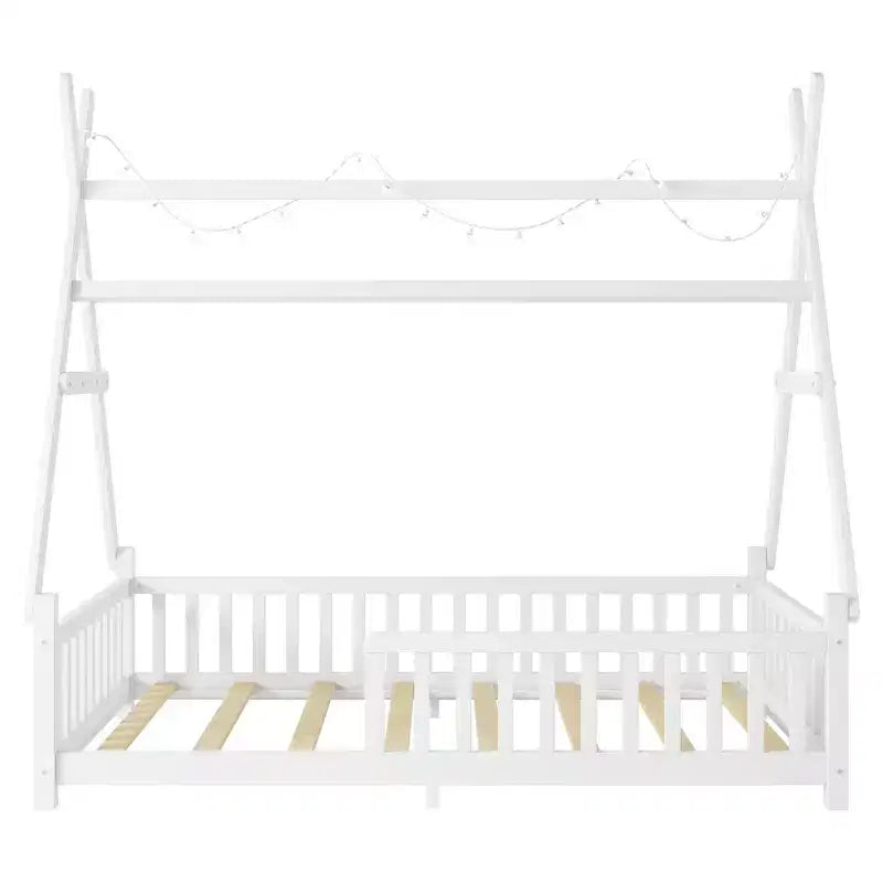 Letto a capanna gemello Whisen con luce, letto a capanna basso con recinzione e tetto, design di sicurezza