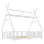 Letto a capanna gemello Whisen con luce, letto a capanna basso con recinzione e tetto, design di sicurezza
