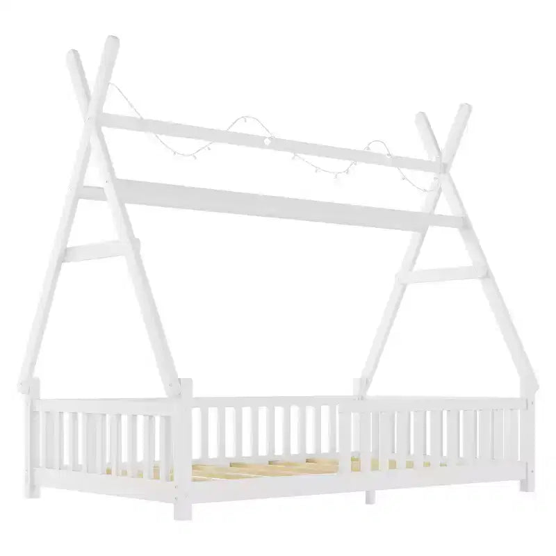 Letto a capanna gemello Whisen con luce, letto a capanna basso con recinzione e tetto, design di sicurezza