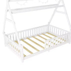 Letto a capanna gemello Whisen con luce, letto a capanna basso con recinzione e tetto, design di sicurezza