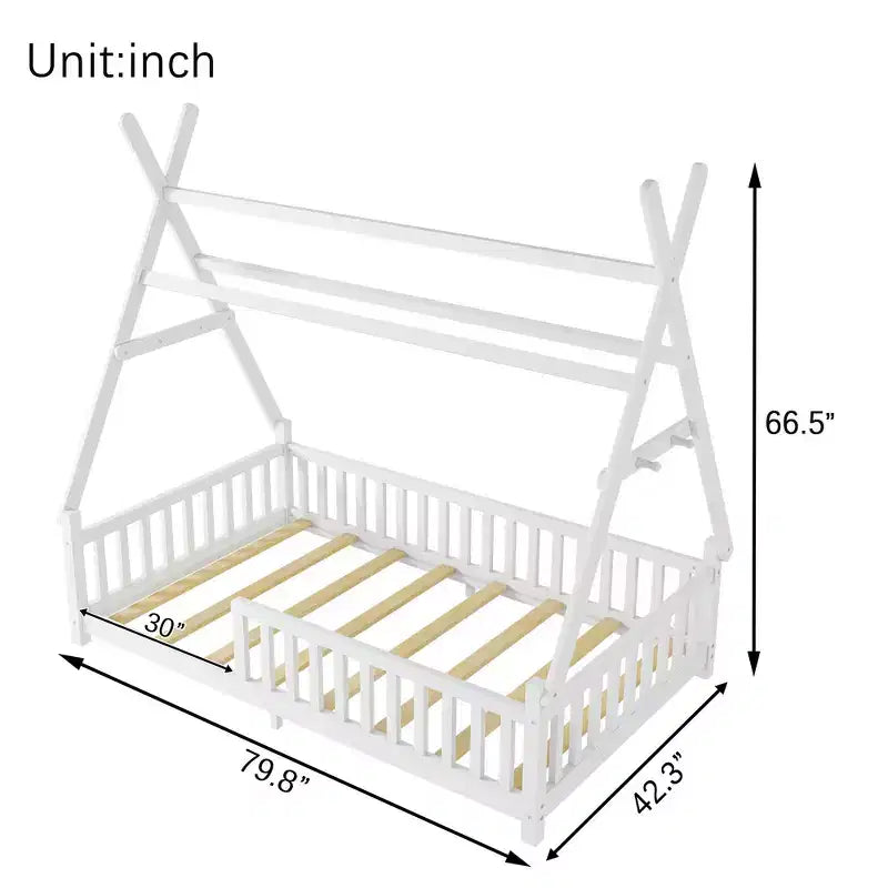 Letto a capanna gemello Whisen con luce, letto a capanna basso con recinzione e tetto, design di sicurezza