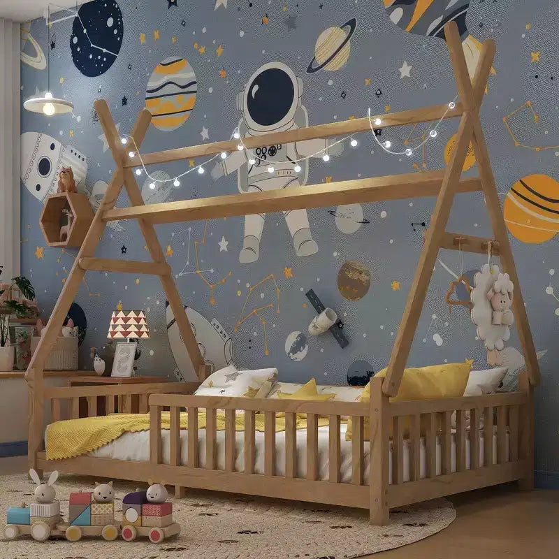Letto a capanna gemello Whisen con luce, letto a capanna basso con recinzione e tetto, design di sicurezza