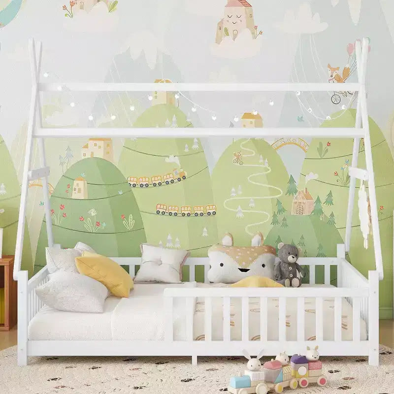 Letto a capanna gemello Whisen con luce, letto a capanna basso con recinzione e tetto, design di sicurezza