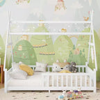 Letto a capanna gemello Whisen con luce, letto a capanna basso con recinzione e tetto, design di sicurezza