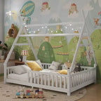 Letto a capanna gemello Whisen con luce, letto a capanna basso con recinzione e tetto, design di sicurezza