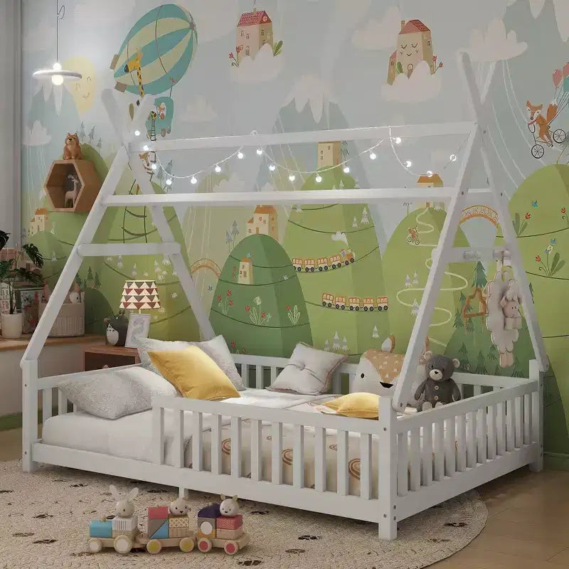 Letto a capanna gemello Whisen con luce, letto a capanna basso con recinzione e tetto, design di sicurezza