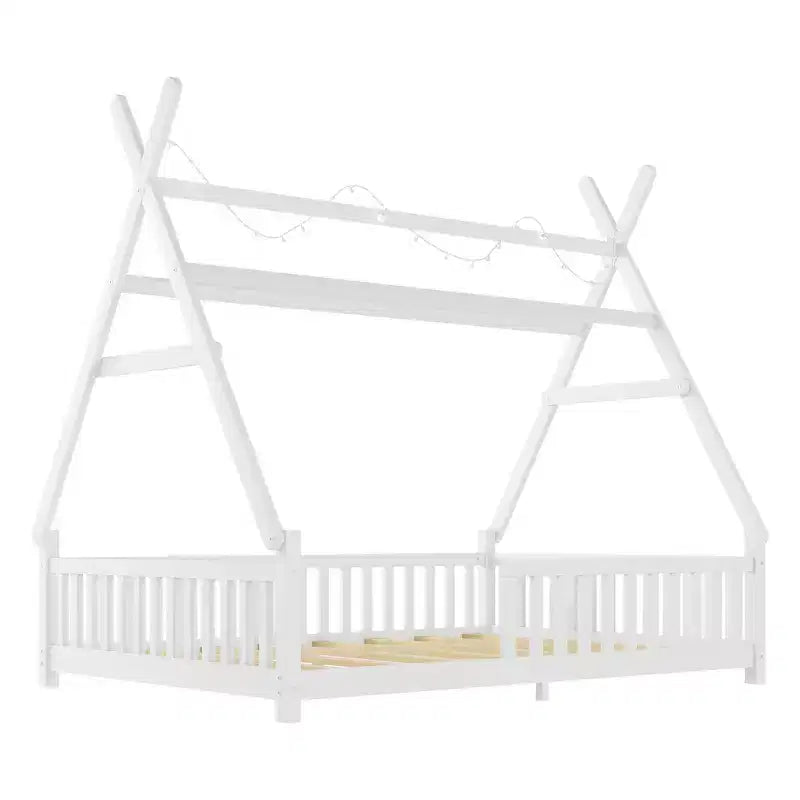 Letto a capanna gemello Whisen con luce, letto a capanna basso con recinzione e tetto, design di sicurezza