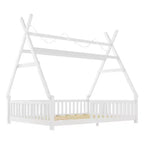 Letto a capanna gemello Whisen con luce, letto a capanna basso con recinzione e tetto, design di sicurezza