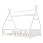 Letto a capanna gemello Whisen con luce, letto a capanna basso con recinzione e tetto, design di sicurezza