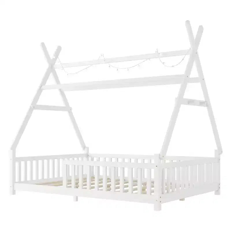 Letto a capanna gemello Whisen con luce, letto a capanna basso con recinzione e tetto, design di sicurezza