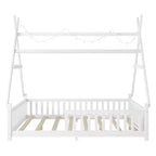 Letto a capanna gemello Whisen con luce, letto a capanna basso con recinzione e tetto, design di sicurezza