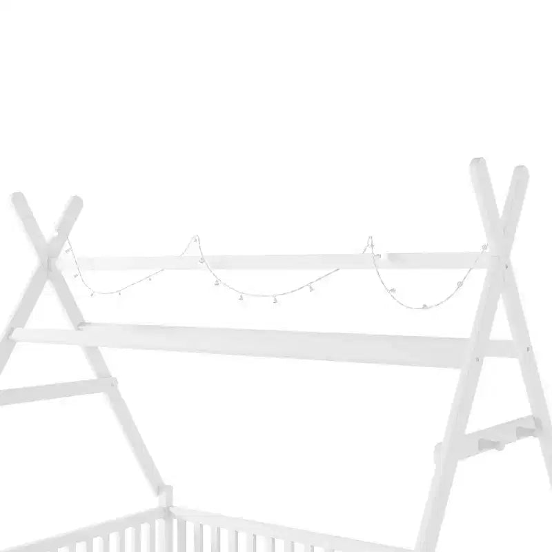 Letto a capanna gemello Whisen con luce, letto a capanna basso con recinzione e tetto, design di sicurezza