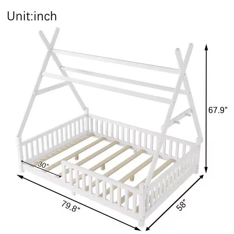 Letto a capanna gemello Whisen con luce, letto a capanna basso con recinzione e tetto, design di sicurezza