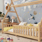 Letto a capanna gemello Whisen con luce, letto a capanna basso con recinzione e tetto, design di sicurezza