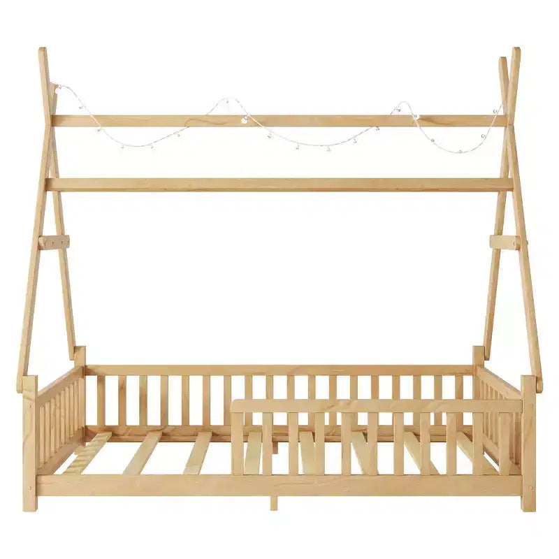 Letto a capanna gemello Whisen con luce, letto a capanna basso con recinzione e tetto, design di sicurezza