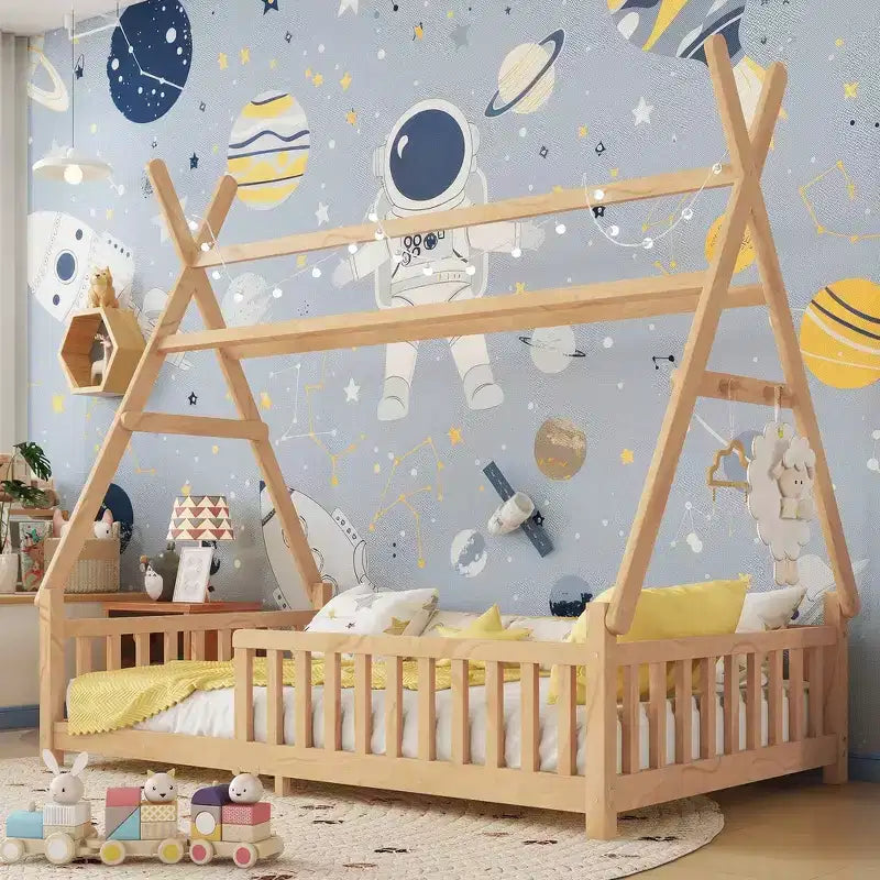Whisen Twin House Bed with Light, Low Floor House Bed with Fence and Roof, Safety Design