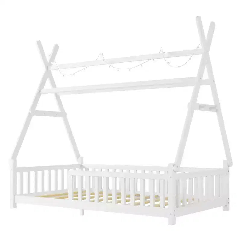 Letto a capanna gemello Whisen con luce, letto a capanna basso con recinzione e tetto, design di sicurezza