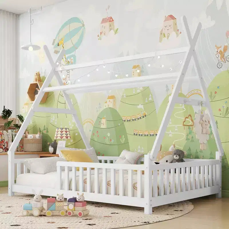 Letto a capanna gemello Whisen con luce, letto a capanna basso con recinzione e tetto, design di sicurezza
