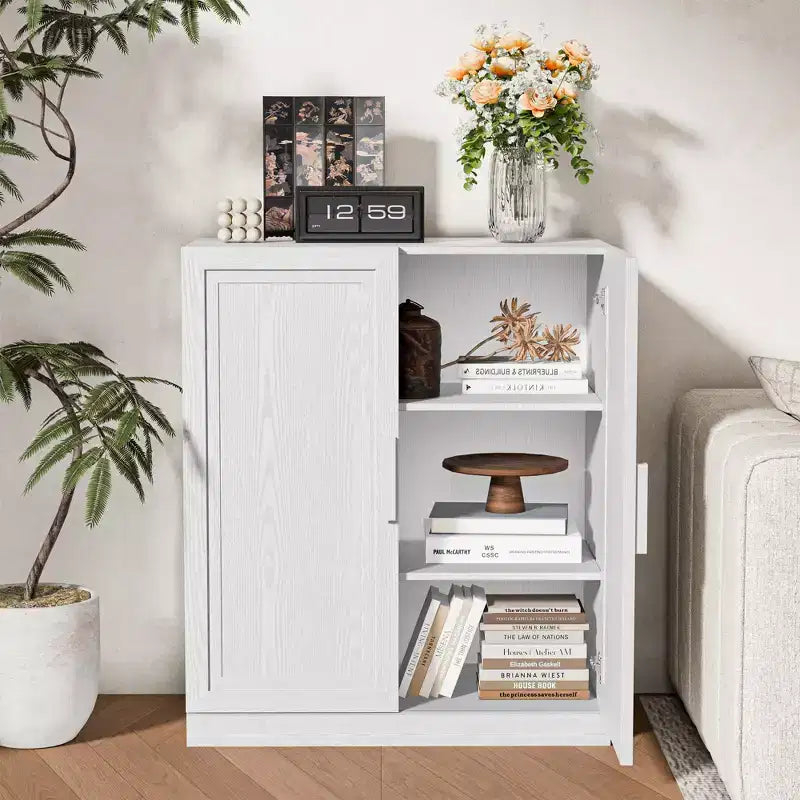 Mobiletto contenitore a venatura legno alto 36 pollici in bianco, organizzatore di stoccaggio con 2 ante in legno massiccio per camera da letto, soggiorno/sala da pranzo