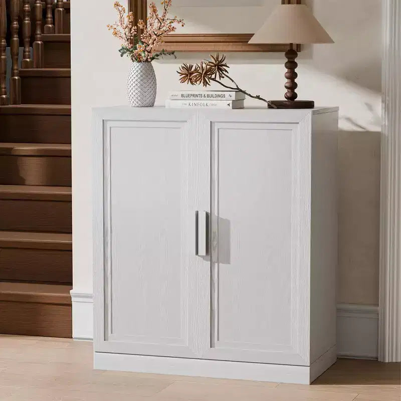 36 in. Tall Wood Grain Storage Cabinet in White, Storage Organizer with 2 Solid Wood Doors for Bedroom Living/Dinning Room
