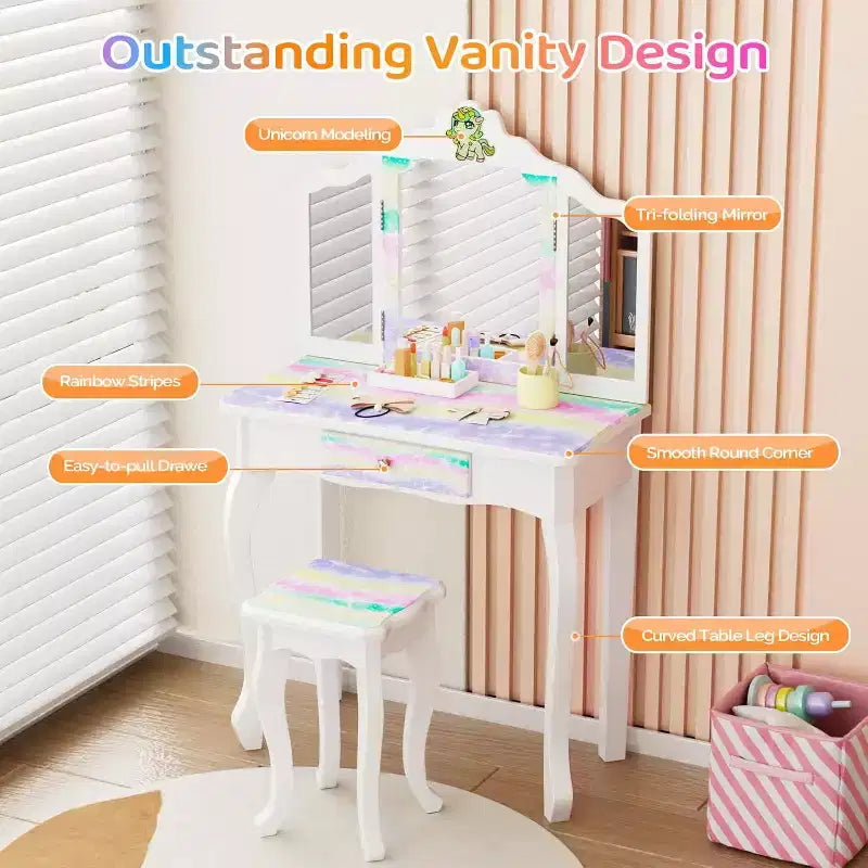 JOYMOR Toeletta a forma di unicorno luminoso, Toeletta 2-in-1 per bambini piccoli, con specchio a tre ante, 1 cassetto, Set tavolo e sedia per bambini, Perfetto compleanno