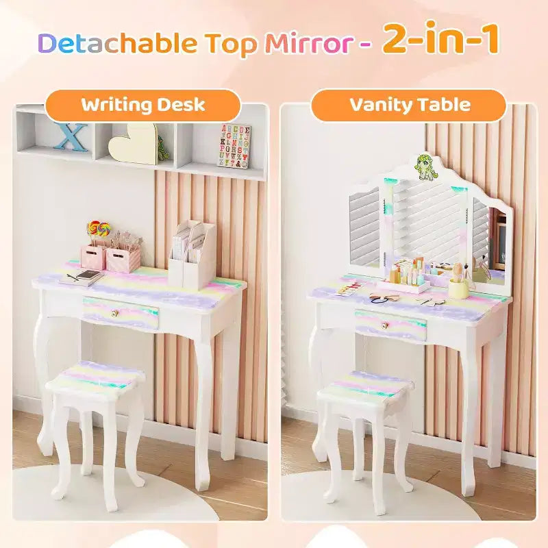 JOYMOR Toeletta a forma di unicorno luminoso, Toeletta 2-in-1 per bambini piccoli, con specchio a tre ante, 1 cassetto, Set tavolo e sedia per bambini, Perfetto compleanno