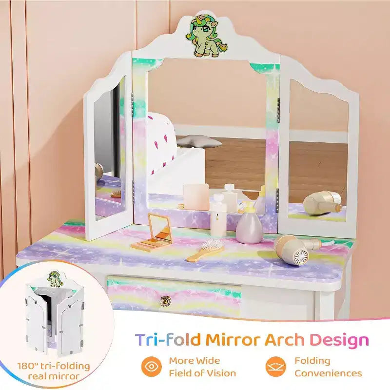 JOYMOR Toeletta a forma di unicorno luminoso, Toeletta 2-in-1 per bambini piccoli, con specchio a tre ante, 1 cassetto, Set tavolo e sedia per bambini, Perfetto compleanno