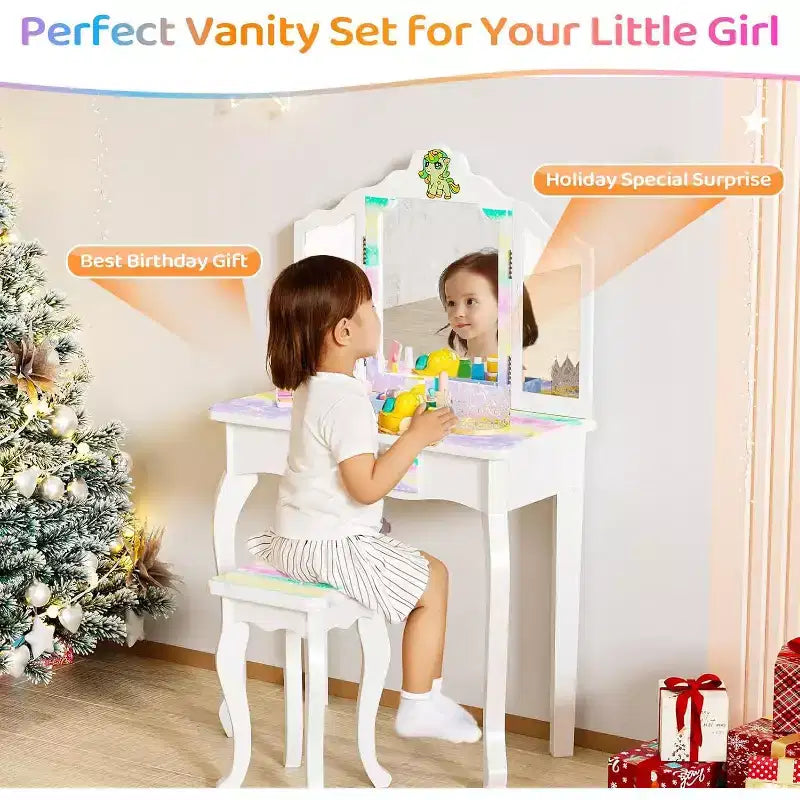 JOYMOR Toeletta a forma di unicorno luminoso, Toeletta 2-in-1 per bambini piccoli, con specchio a tre ante, 1 cassetto, Set tavolo e sedia per bambini, Perfetto compleanno