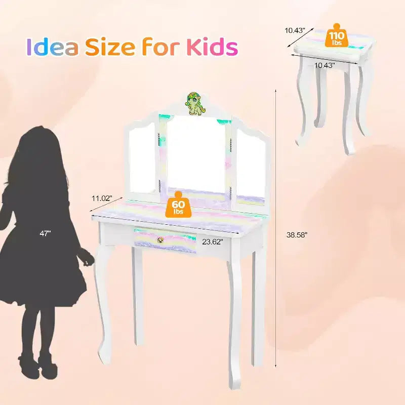 JOYMOR Toeletta a forma di unicorno luminoso, Toeletta 2-in-1 per bambini piccoli, con specchio a tre ante, 1 cassetto, Set tavolo e sedia per bambini, Perfetto compleanno