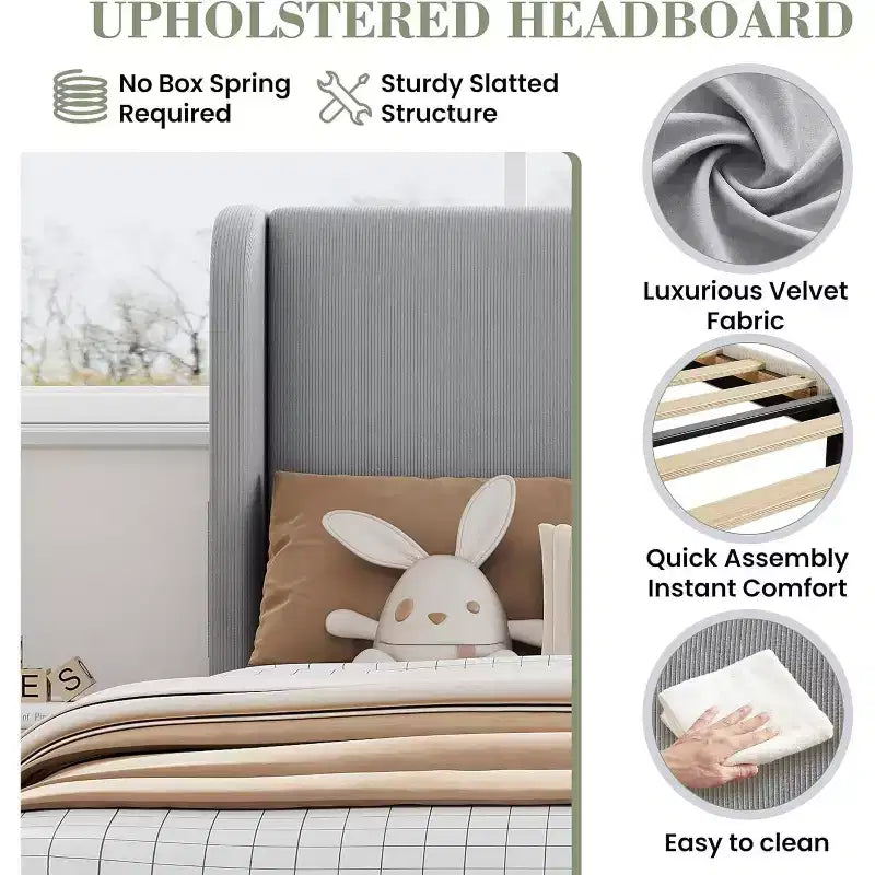 Telaio letto singolo con testiera regolabile, letto a piattaforma imbottito in velluto con 12 doghe di legno, piedini di supporto robusti, beige