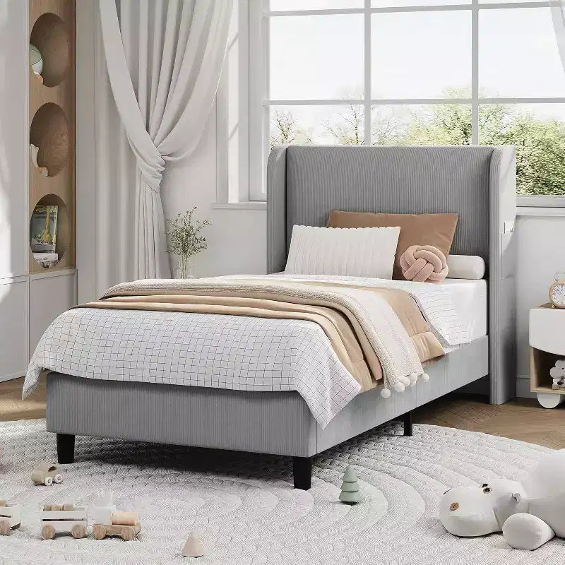 Telaio letto singolo con testiera regolabile, letto a piattaforma imbottito in velluto con 12 doghe di legno, piedini di supporto robusti, beige