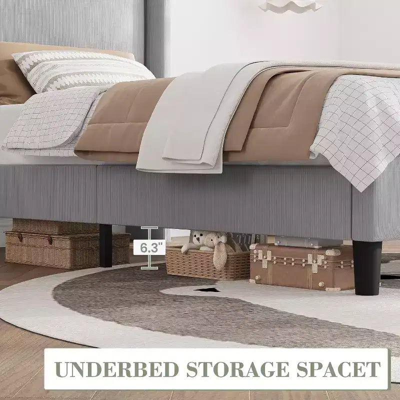 Telaio letto singolo con testiera regolabile, letto a piattaforma imbottito in velluto con 12 doghe di legno, piedini di supporto robusti, beige