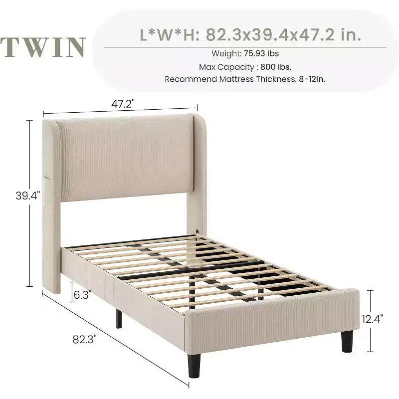 Telaio letto singolo con testiera regolabile, letto a piattaforma imbottito in velluto con 12 doghe di legno, piedini di supporto robusti, beige
