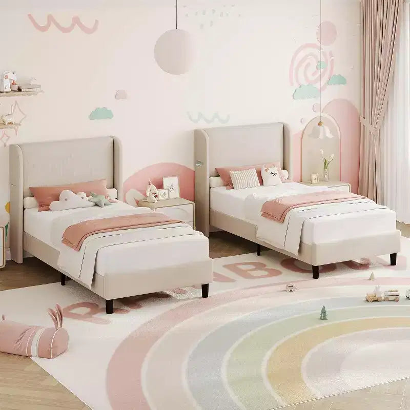 Telaio letto singolo con testiera regolabile, letto a piattaforma imbottito in velluto con 12 doghe di legno, piedini di supporto robusti, beige