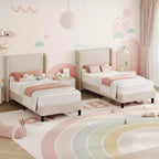 Telaio letto singolo con testiera regolabile, letto a piattaforma imbottito in velluto con 12 doghe di legno, piedini di supporto robusti, beige