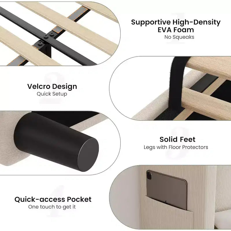 Telaio letto singolo con testiera regolabile, letto a piattaforma imbottito in velluto con 12 doghe di legno, piedini di supporto robusti, beige