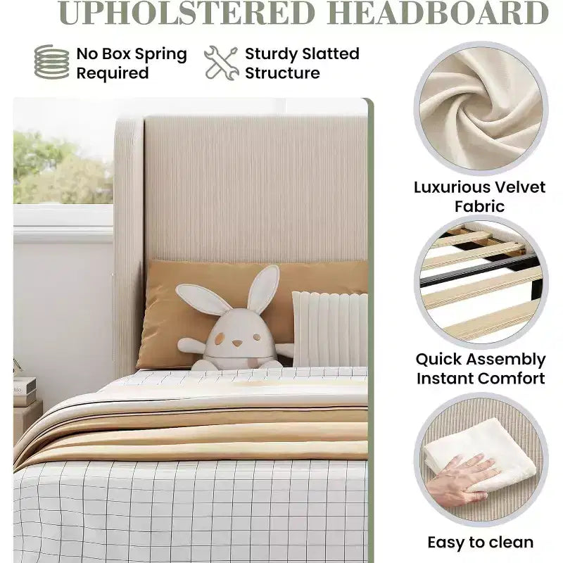 Telaio letto singolo con testiera regolabile, letto a piattaforma imbottito in velluto con 12 doghe di legno, piedini di supporto robusti, beige